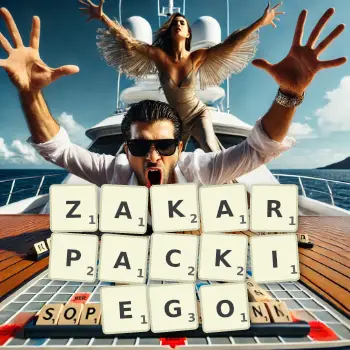 Kreatywna ilustracja do gry w Scrabble ze słowem ZAKARPACKIEGO ułożonym z płytek na planszy.