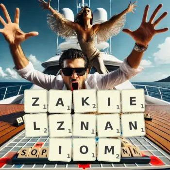 Kreatywna ilustracja do gry w Scrabble ze słowem ZAKIELZNANIOM ułożonym z płytek na planszy.