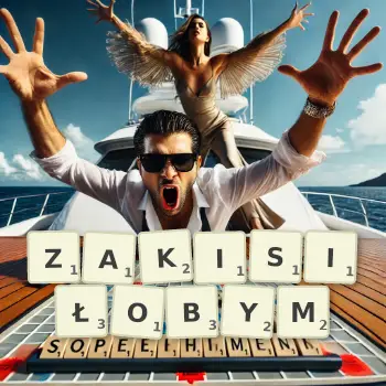 Kreatywna ilustracja do gry w Scrabble ze słowem ZAKISIŁOBYM ułożonym z płytek na planszy.