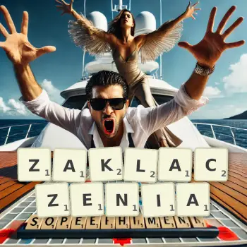 Kreatywna ilustracja do gry w Scrabble ze słowem ZAKLACZENIA ułożonym z płytek na planszy.