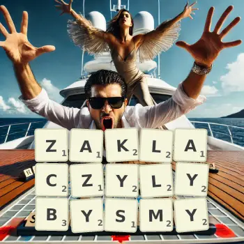 Kreatywna ilustracja do gry w Scrabble ze słowem ZAKLACZYLYBYSMY ułożonym z płytek na planszy.