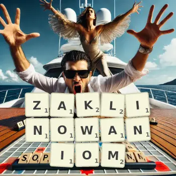 Kreatywna ilustracja do gry w Scrabble ze słowem ZAKLINOWANIOM ułożonym z płytek na planszy.
