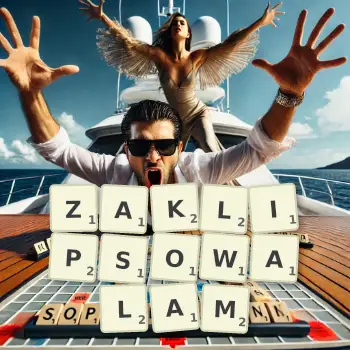 Kreatywna ilustracja do gry w Scrabble ze słowem ZAKLIPSOWALAM ułożonym z płytek na planszy.