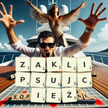 Kreatywna ilustracja do gry w Scrabble ze słowem ZAKLIPSUJCIEŻ ułożonym z płytek na planszy.