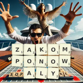 Kreatywna ilustracja do gry w Scrabble ze słowem ZAKOMPONOWALY ułożonym z płytek na planszy.