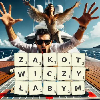 Kreatywna ilustracja do gry w Scrabble ze słowem ZAKOTWICZYŁABYM ułożonym z płytek na planszy.