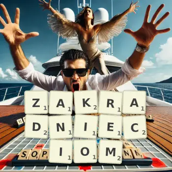 Kreatywna ilustracja do gry w Scrabble ze słowem ZAKRADNIECIOM ułożonym z płytek na planszy.