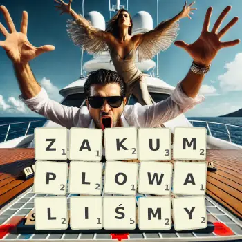 Kreatywna ilustracja do gry w Scrabble ze słowem ZAKUMPLOWALIŚMY ułożonym z płytek na planszy.