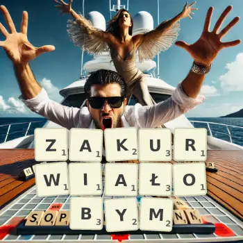 Kreatywna ilustracja do gry w Scrabble ze słowem ZAKURWIAŁOBYM ułożonym z płytek na planszy.