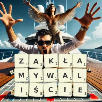 Kreatywna ilustracja do gry w Scrabble ze słowem ZAKŁAMYWALIŚCIE ułożonym z płytek na planszy.