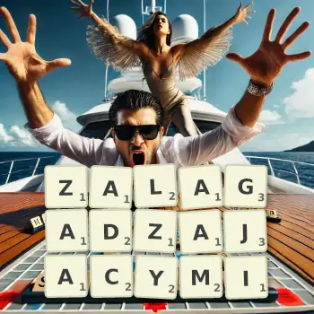 Kreatywna ilustracja do gry w Scrabble ze słowem ZALAGADZAJACYMI ułożonym z płytek na planszy.