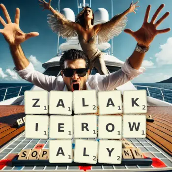 Kreatywna ilustracja do gry w Scrabble ze słowem ZALAKIEROWALY ułożonym z płytek na planszy.