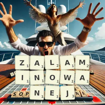 Kreatywna ilustracja do gry w Scrabble ze słowem ZALAMINOWANEJ ułożonym z płytek na planszy.