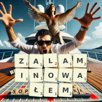 Kreatywna ilustracja do gry w Scrabble ze słowem ZALAMINOWAŁEM ułożonym z płytek na planszy.