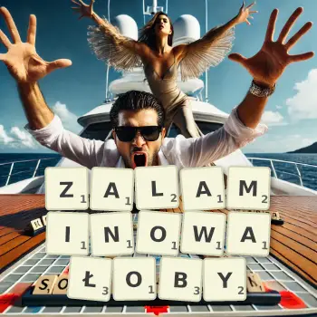 Kreatywna ilustracja do gry w Scrabble ze słowem ZALAMINOWAŁOBY ułożonym z płytek na planszy.