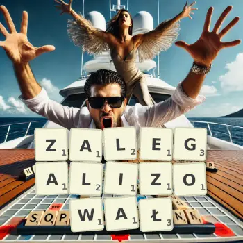 Kreatywna ilustracja do gry w Scrabble ze słowem ZALEGALIZOWAŁ ułożonym z płytek na planszy.