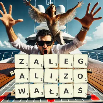 Kreatywna ilustracja do gry w Scrabble ze słowem ZALEGALIZOWAŁAŚ ułożonym z płytek na planszy.