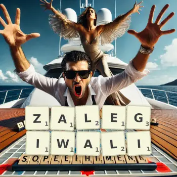 Kreatywna ilustracja do gry w Scrabble ze słowem ZALEGIWALI ułożonym z płytek na planszy.