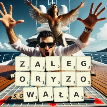 Kreatywna ilustracja do gry w Scrabble ze słowem ZALEGORYZOWAŁA ułożonym z płytek na planszy.