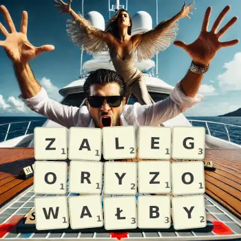 Kreatywna ilustracja do gry w Scrabble ze słowem ZALEGORYZOWAŁBY ułożonym z płytek na planszy.