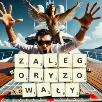 Kreatywna ilustracja do gry w Scrabble ze słowem ZALEGORYZOWAŁY ułożonym z płytek na planszy.
