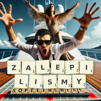 Kreatywna ilustracja do gry w Scrabble ze słowem ZALEPILISMY ułożonym z płytek na planszy.