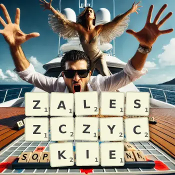 Kreatywna ilustracja do gry w Scrabble ze słowem ZALESZCZYCKIE ułożonym z płytek na planszy.