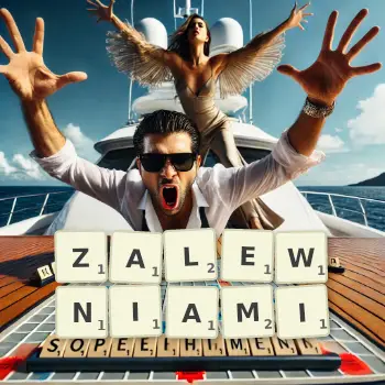 Kreatywna ilustracja do gry w Scrabble ze słowem ZALEWNIAMI ułożonym z płytek na planszy.