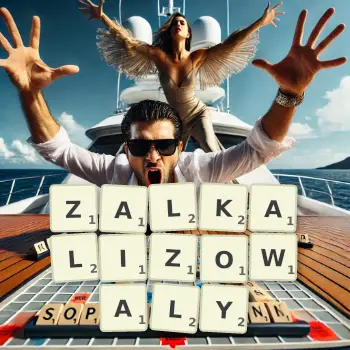 Kreatywna ilustracja do gry w Scrabble ze słowem ZALKALIZOWALY ułożonym z płytek na planszy.