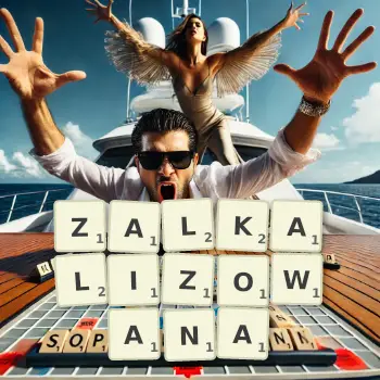 Kreatywna ilustracja do gry w Scrabble ze słowem ZALKALIZOWANA ułożonym z płytek na planszy.