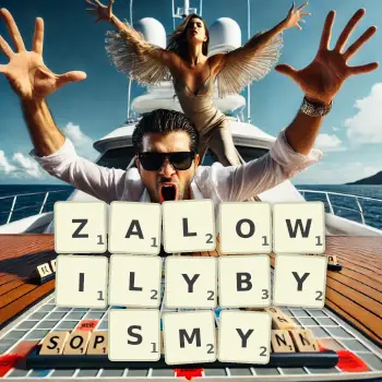 Kreatywna ilustracja do gry w Scrabble ze słowem ZALOWILYBYSMY ułożonym z płytek na planszy.