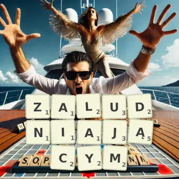 Kreatywna ilustracja do gry w Scrabble ze słowem ZALUDNIAJĄCYM ułożonym z płytek na planszy.