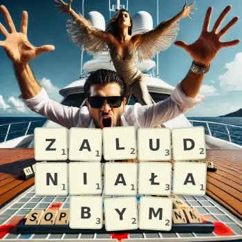 Kreatywna ilustracja do gry w Scrabble ze słowem ZALUDNIAŁABYM ułożonym z płytek na planszy.