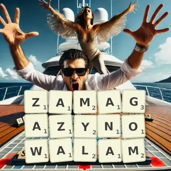 Kreatywna ilustracja do gry w Scrabble ze słowem ZAMAGAZYNOWALAM ułożonym z płytek na planszy.