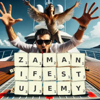 Kreatywna ilustracja do gry w Scrabble ze słowem ZAMANIFESTUJEMY ułożonym z płytek na planszy.