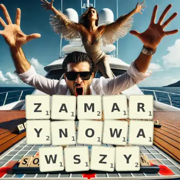 Kreatywna ilustracja do gry w Scrabble ze słowem ZAMARYNOWAWSZY ułożonym z płytek na planszy.