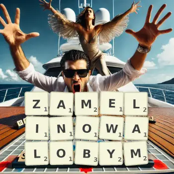Kreatywna ilustracja do gry w Scrabble ze słowem ZAMELINOWALOBYM ułożonym z płytek na planszy.