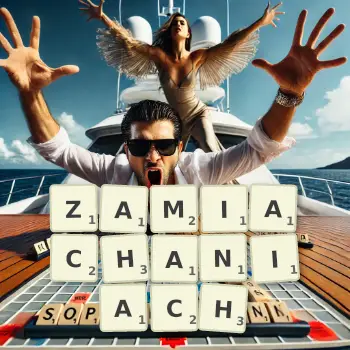 Kreatywna ilustracja do gry w Scrabble ze słowem ZAMIACHANIACH ułożonym z płytek na planszy.