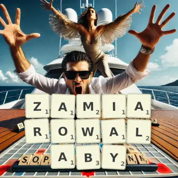 Kreatywna ilustracja do gry w Scrabble ze słowem ZAMIAROWALABY ułożonym z płytek na planszy.