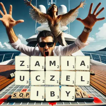 Kreatywna ilustracja do gry w Scrabble ze słowem ZAMIAUCZELIBY ułożonym z płytek na planszy.