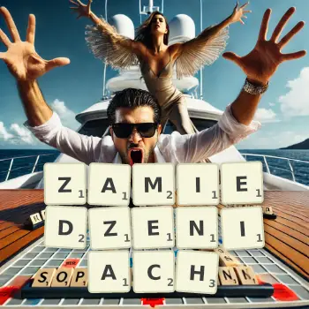 Kreatywna ilustracja do gry w Scrabble ze słowem ZAMIEDZENIACH ułożonym z płytek na planszy.