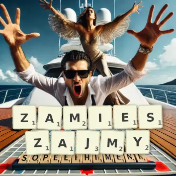 Kreatywna ilustracja do gry w Scrabble ze słowem ZAMIESZAJMY ułożonym z płytek na planszy.