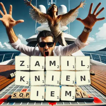 Kreatywna ilustracja do gry w Scrabble ze słowem ZAMILKNIENIEM ułożonym z płytek na planszy.