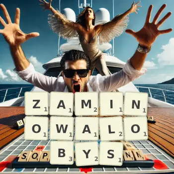 Kreatywna ilustracja do gry w Scrabble ze słowem ZAMINOWALOBYS ułożonym z płytek na planszy.