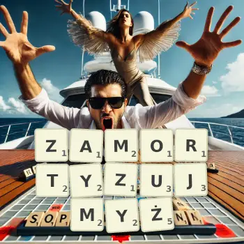 Kreatywna ilustracja do gry w Scrabble ze słowem ZAMORTYZUJMYŻ ułożonym z płytek na planszy.