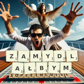 Kreatywna ilustracja do gry w Scrabble ze słowem ZAMYDLAŁBYM ułożonym z płytek na planszy.