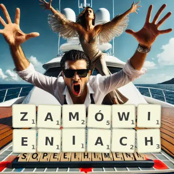 Kreatywna ilustracja do gry w Scrabble ze słowem ZAMÓWIENIACH ułożonym z płytek na planszy.