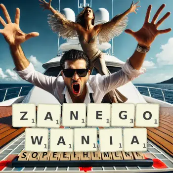 Kreatywna ilustracja do gry w Scrabble ze słowem ZANEGOWANIA ułożonym z płytek na planszy.