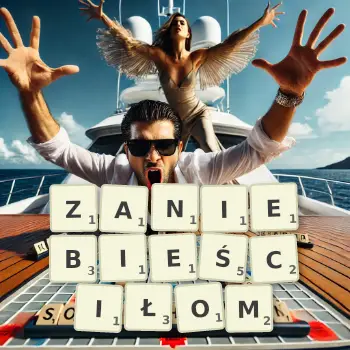 Kreatywna ilustracja do gry w Scrabble ze słowem ZANIEBIEŚCIŁOM ułożonym z płytek na planszy.