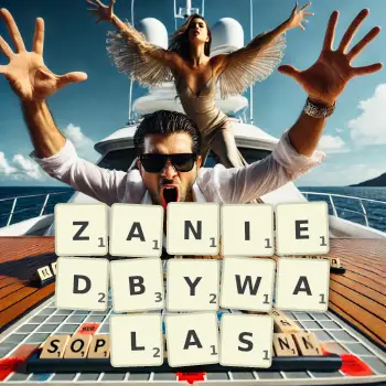 Kreatywna ilustracja do gry w Scrabble ze słowem ZANIEDBYWALAS ułożonym z płytek na planszy.